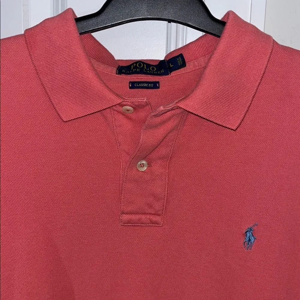 Polo by Ralph Lauren Cotton Pique Clay Red Blue Pony Golf Polo Shirt L Classic
